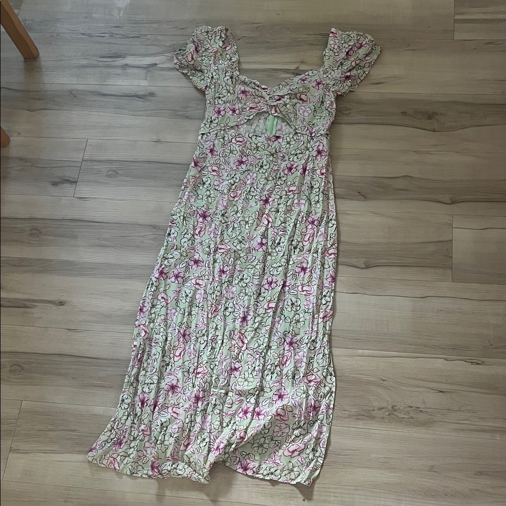 Zara Floral Puff Sleeve Maxi Dress - Green and Pink